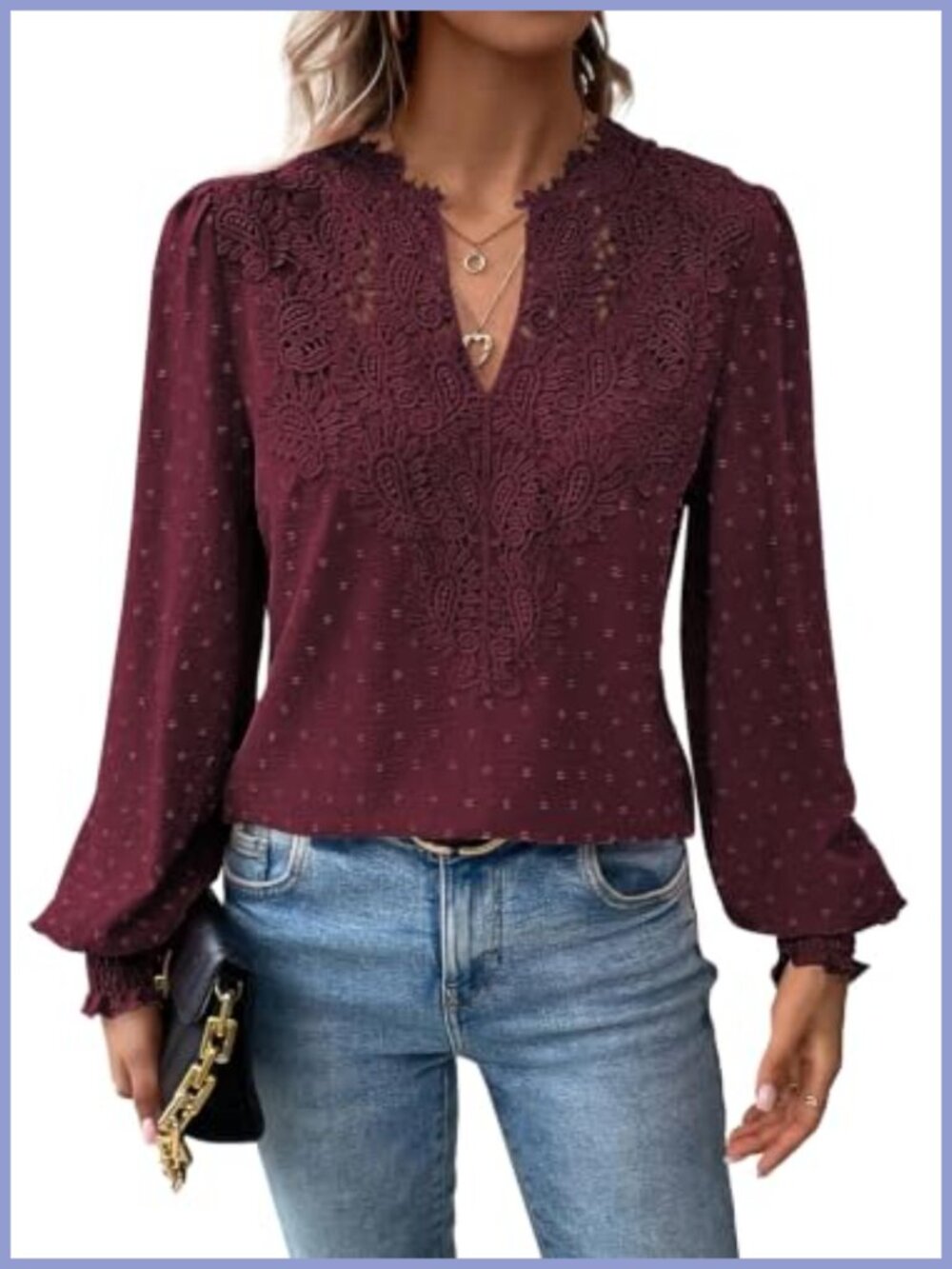 Boho Flowy Lace Floral V Neck Long Sleeve Blouse